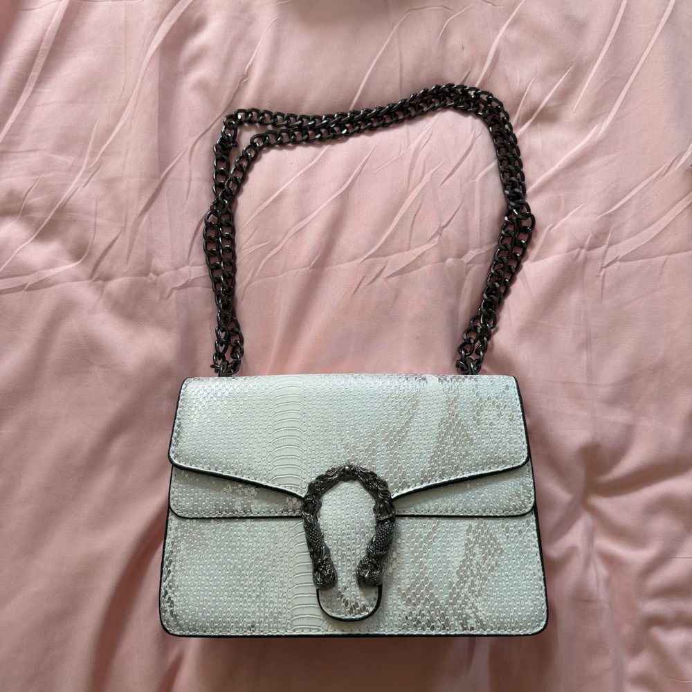 White Snakeskin Crossbody Bag Silver Metallic Tiger Head Chain Shoulder Bag